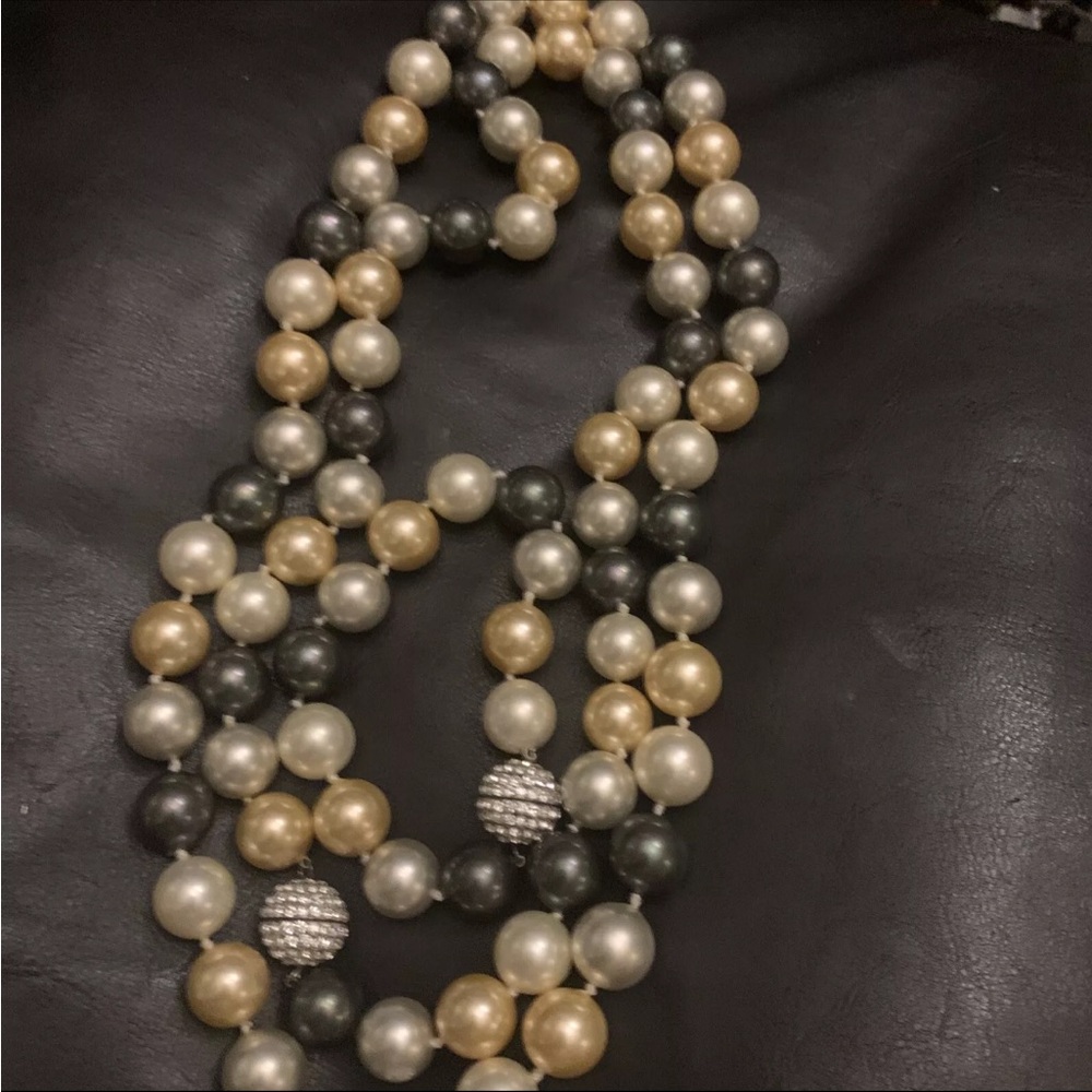 Women’s Chunky Shiny Pearl Necklace Set. Multicolor green, white, gold, & silver
